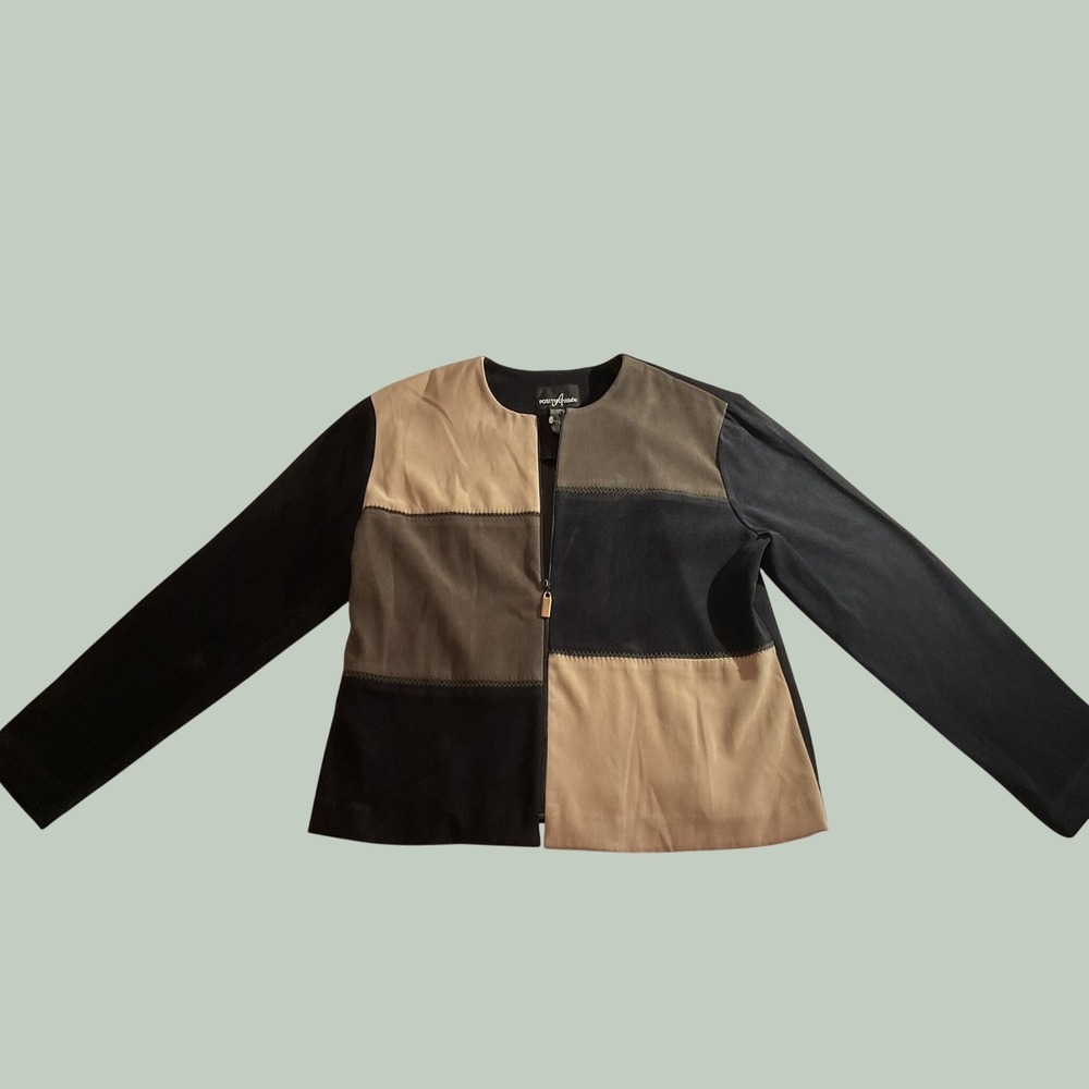 Positive Attitude Womens Colorblock Patchwork Zip Front Jacket Tan Olive Black